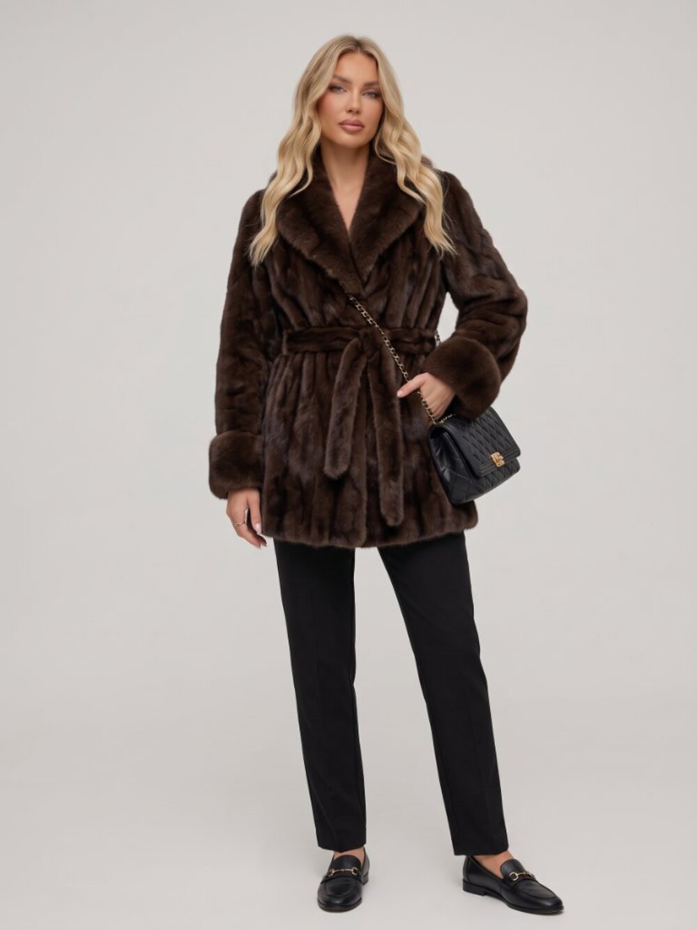 Women's Brown Faux Fur Coat Belted Jacket Plush Winter Lapel Collar - Picture 5 of 7